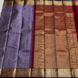 Kanjivaram Silk Saree in Lavender and Maroon with Gold Zari Checks