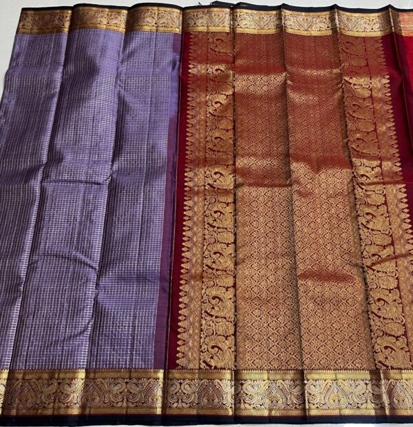 Kanjivaram Silk Saree in Lavender and Maroon with Gold Zari Checks