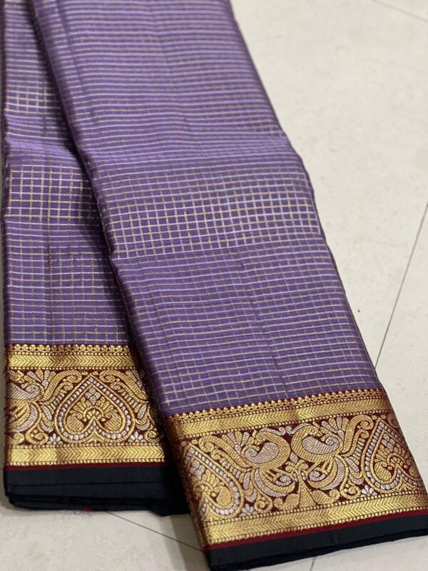 Kanjivaram Silk Saree in Lavender and Maroon with Gold Zari Checks