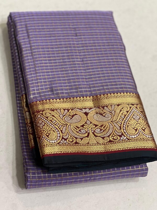 Kanjivaram Silk Saree in Lavender and Maroon with Gold Zari Checks