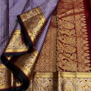 Kanjivaram Silk Saree in Lavender and Maroon with Gold Zari Checks