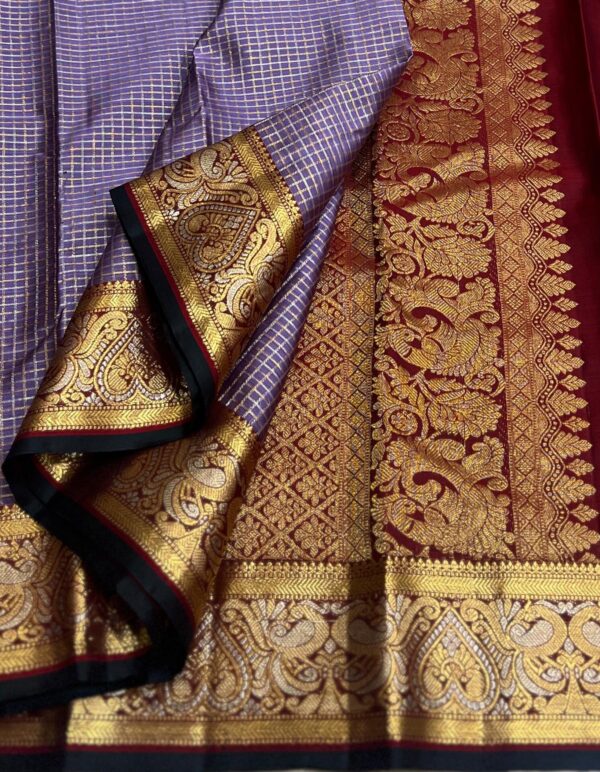 Kanjivaram Silk Saree in Lavender and Maroon with Gold Zari Checks