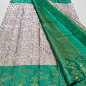 Kanjivaram Silk Saree in Silver Gray and Turquoise with Gold Zari Brocade Design