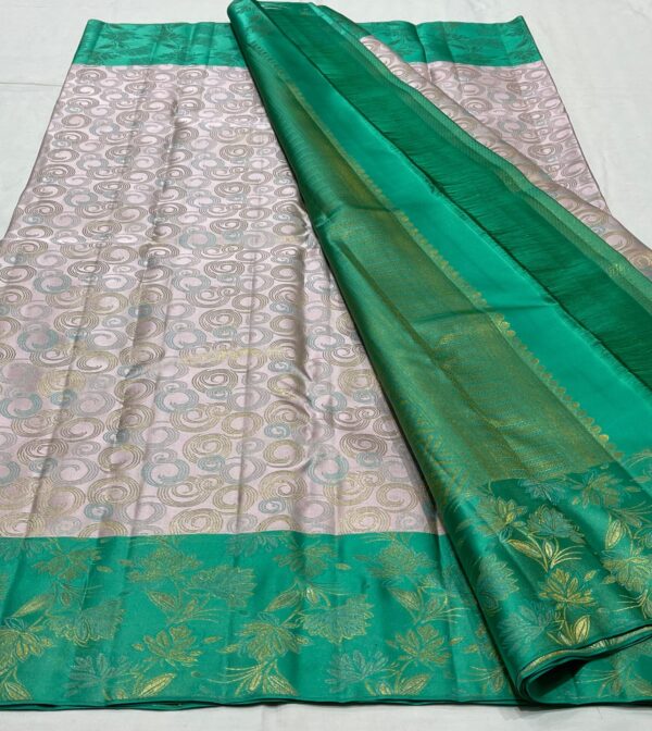 Kanjivaram Silk Saree in Silver Gray and Turquoise with Gold Zari Brocade Design