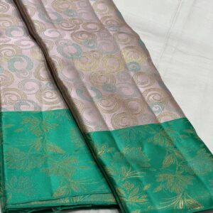 Kanjivaram Silk Saree in Silver Gray and Turquoise with Gold Zari Brocade Design