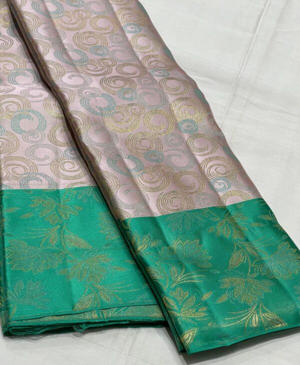 Kanjivaram Silk Saree in Silver Gray and Turquoise with Gold Zari Brocade Design