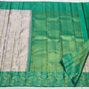 Kanjivaram Silk Saree in Silver Gray and Turquoise with Gold Zari Brocade Design