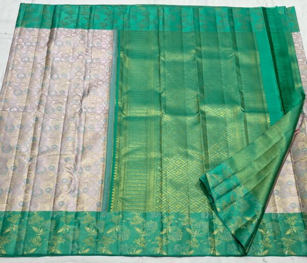 Kanjivaram Silk Saree in Silver Gray and Turquoise with Gold Zari Brocade Design