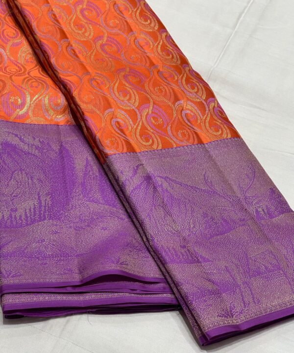 Kanjivaram Silk Saree in Orange with Dark Lavender Border