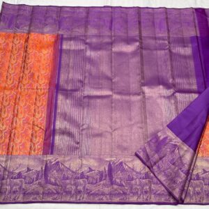 Kanjivaram Silk Saree in Orange with Dark Lavender Border