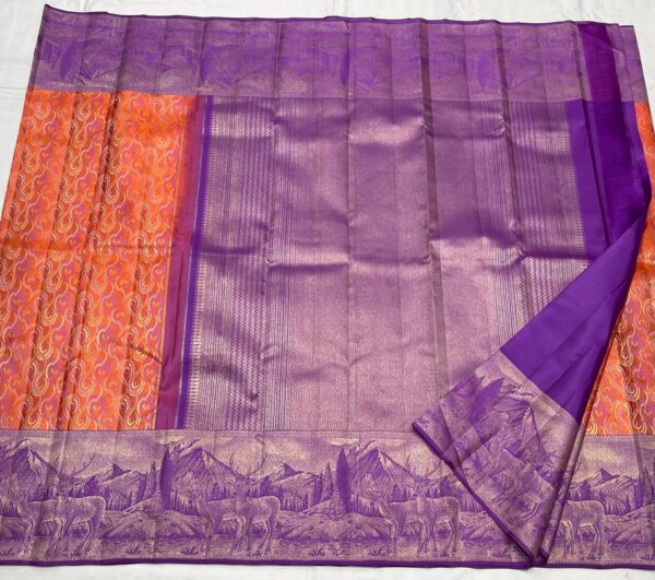 Kanjivaram Silk Saree in Orange with Dark Lavender Border