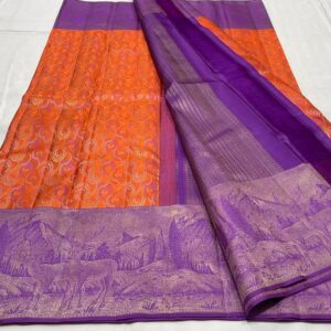 Kanjivaram Silk Saree in Orange with Dark Lavender Border