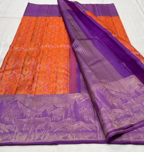 Kanjivaram Silk Saree in Orange with Dark Lavender Border