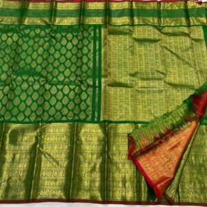 Kanjivaram Silk Saree in Green and Red with Gold Zari Brocade & Big Border