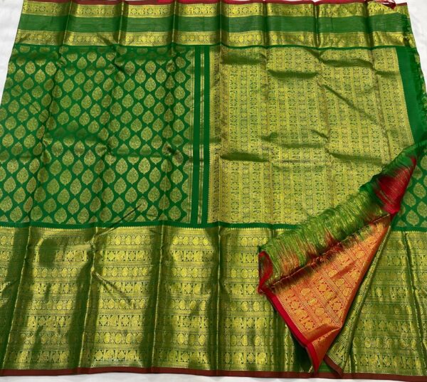 Kanjivaram Silk Saree in Green and Red with Gold Zari Brocade & Big Border