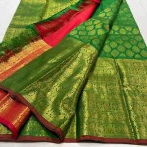 Kanjivaram Silk Saree in Green and Red with Gold Zari Brocade & Big Border