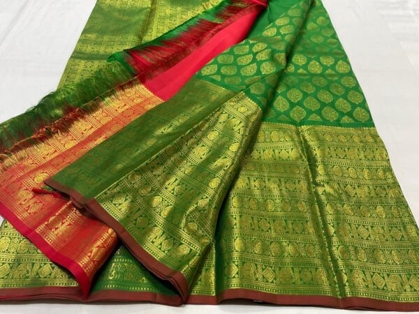 Kanjivaram Silk Saree in Green and Red with Gold Zari Brocade & Big Border