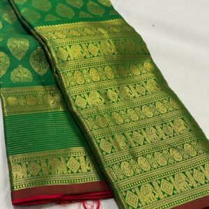 Kanjivaram Silk Saree in Green and Red with Gold Zari Brocade & Big Border