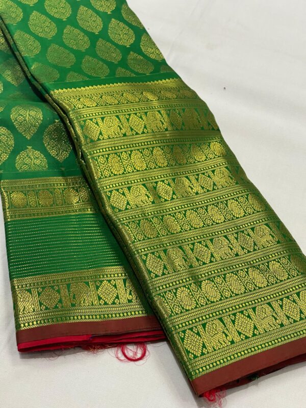 Kanjivaram Silk Saree in Green and Red with Gold Zari Brocade & Big Border