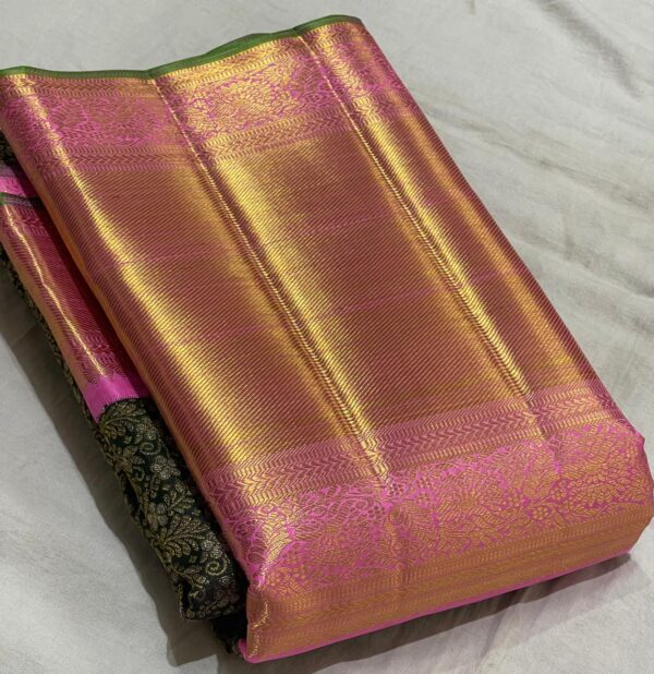 Dark Bottle Green Kanjivaram Silk Saree with Pastel Pink Border