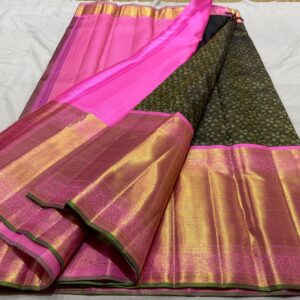 Dark Bottle Green Kanjivaram Silk Saree with Pastel Pink Border