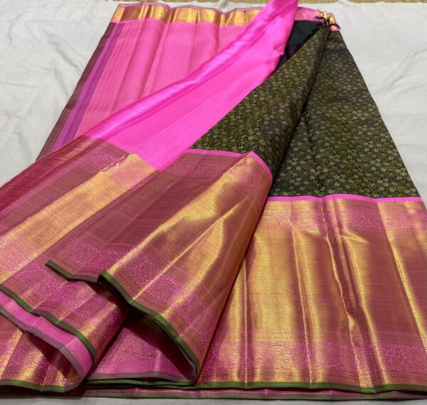 Dark Bottle Green Kanjivaram Silk Saree with Pastel Pink Border