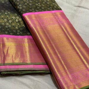 Dark Bottle Green Kanjivaram Silk Saree with Pastel Pink Border