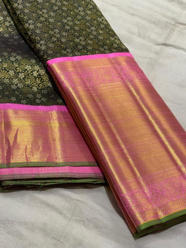 Dark Bottle Green Kanjivaram Silk Saree with Pastel Pink Border