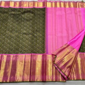 Dark Bottle Green Kanjivaram Silk Saree with Pastel Pink Border