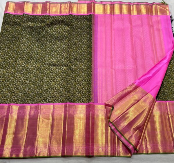 Dark Bottle Green Kanjivaram Silk Saree with Pastel Pink Border