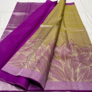 Kanjivaram Silk Saree in Corn Yellow and Purple with Silver Zari Digital Floral Design