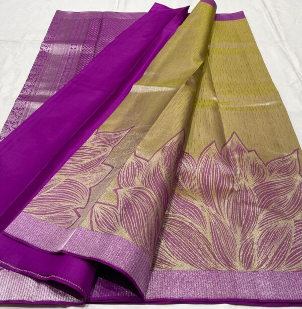 Kanjivaram Silk Saree in Corn Yellow and Purple with Silver Zari Digital Floral Design