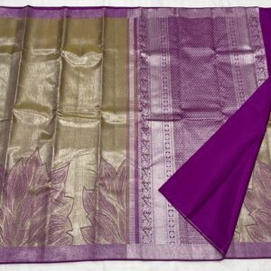 Kanjivaram Silk Saree in Corn Yellow and Purple with Silver Zari Digital Floral Design