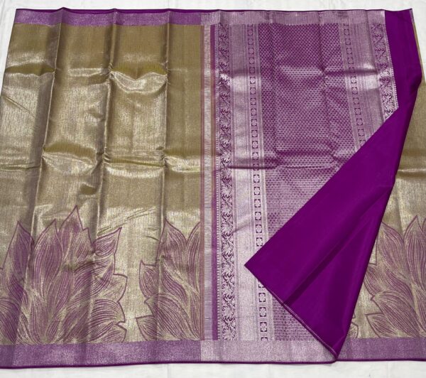 Kanjivaram Silk Saree in Corn Yellow and Purple with Silver Zari Digital Floral Design