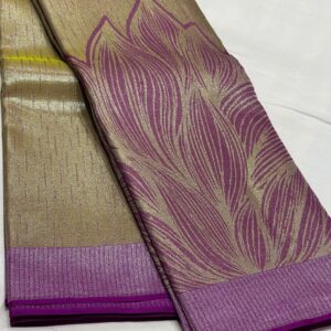 Kanjivaram Silk Saree in Corn Yellow and Purple with Silver Zari Digital Floral Design