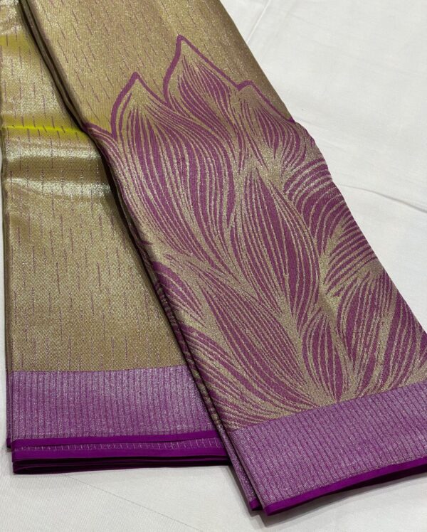 Kanjivaram Silk Saree in Corn Yellow and Purple with Silver Zari Digital Floral Design