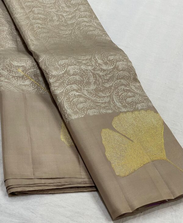 Kanjivaram Silk Saree in Sand and Lavender with Silver Zari Brocade Design