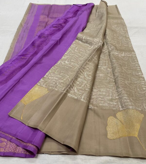 Kanjivaram Silk Saree in Sand and Lavender with Silver Zari Brocade Design