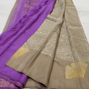 Kanjivaram Silk Saree in Sand and Lavender with Silver Zari Brocade Design