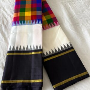 White Kanjivaram Silk Saree with Black Border & Multi-Color Checks Design