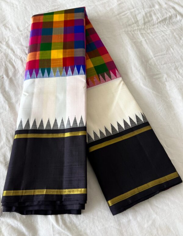 White Kanjivaram Silk Saree with Black Border & Multi-Color Checks Design