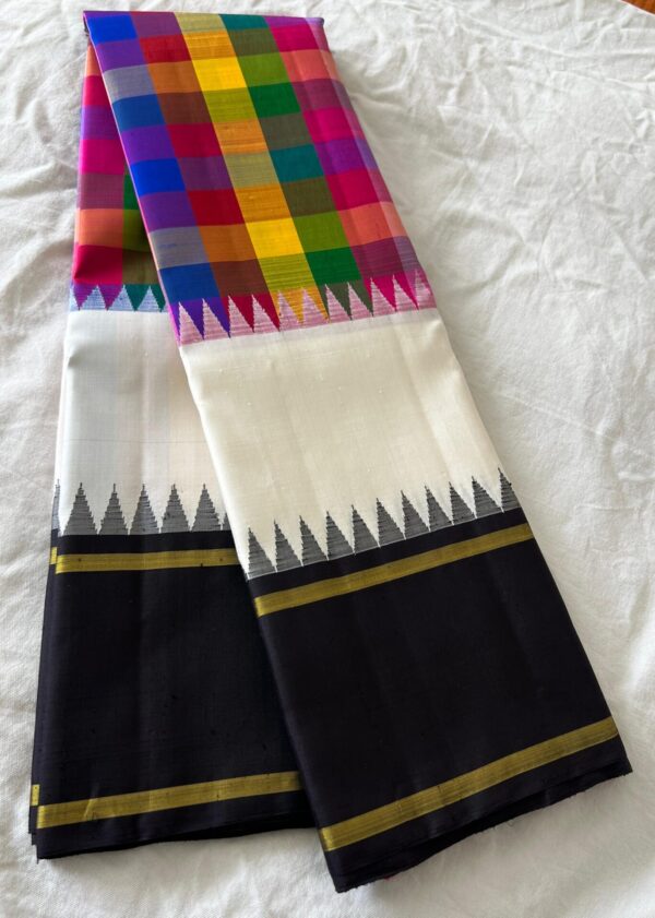 White Kanjivaram Silk Saree with Black Border & Multi-Color Checks Design