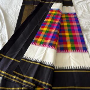 White Kanjivaram Silk Saree with Black Border & Multi-Color Checks Design