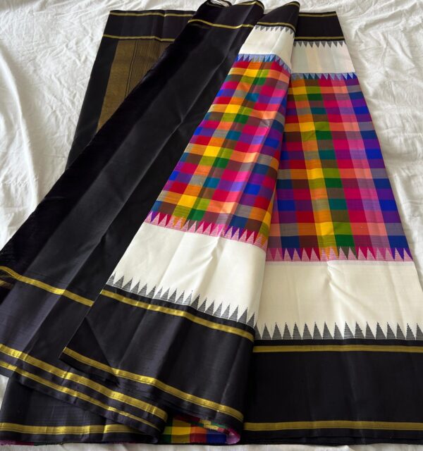 White Kanjivaram Silk Saree with Black Border & Multi-Color Checks Design