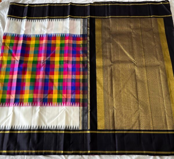 White Kanjivaram Silk Saree with Black Border & Multi-Color Checks Design