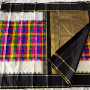 White Kanjivaram Silk Saree with Black Border & Multi-Color Checks Design