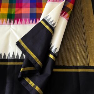 White Kanjivaram Silk Saree with Black Border & Multi-Color Checks Design