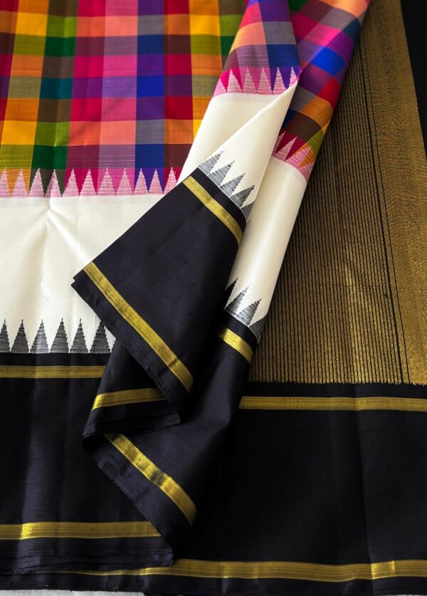 White Kanjivaram Silk Saree with Black Border & Multi-Color Checks Design