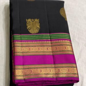 Kanjivaram Silk Saree: Black Body with Pink & Green Multi-Color Border