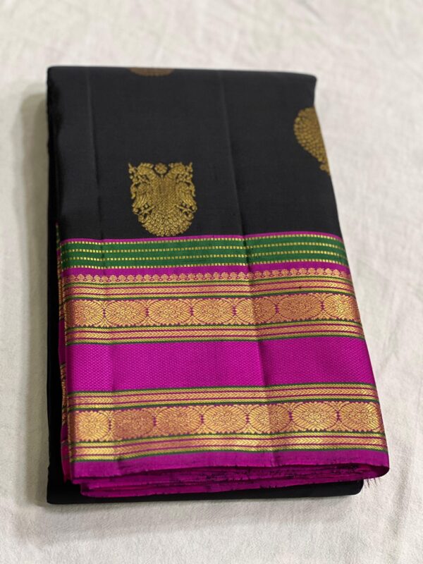 Kanjivaram Silk Saree: Black Body with Pink & Green Multi-Color Border